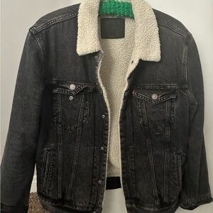Levi's Black Denim Sherpa-Lined Jean Jacket with Cream Lining